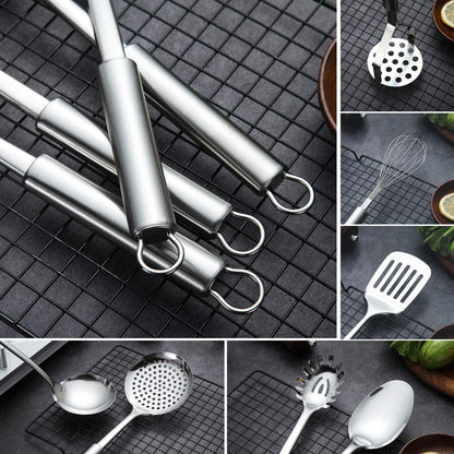 8-Piece Stainless Steel Cooking Utensil Set with Stand, Including Slotted Turner, Ladle, Skimmer, Serving Spoon, Pasta Server, Potato Masher, and Egg Whisk