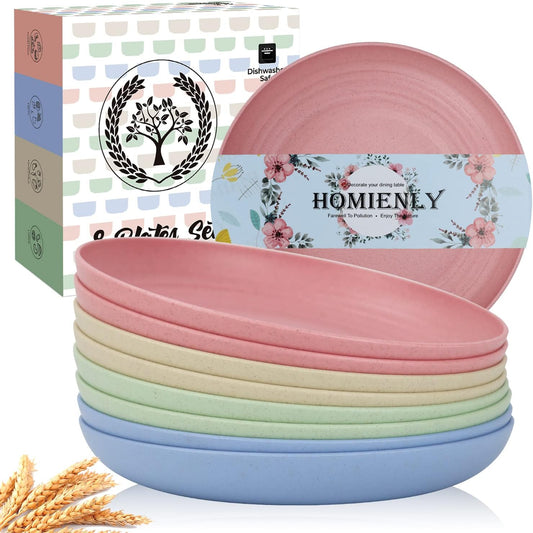 Set of 8 Microwave and Dishwasher Safe Wheat Straw Deep Dinner Plates - 9 Inch in 4 Colors (Fresh Light)