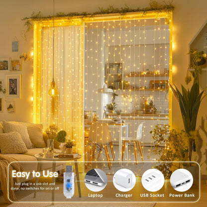 200 LED Curtain Lights for Bedroom, Warm White Hanging Curtain String Lights Indoor, USB Plug in Dorm Twinkle Lights with Remote for Wall Backdrop Wedding Birthday Party Decor, 6.5Ft X 6.5Ft