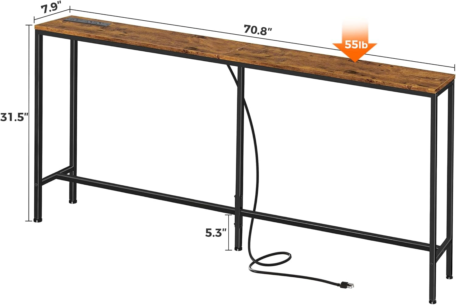 70-Inch Rustic Brown Console Table with Built-in Charging Station, Ideal for Living Room and Entryway Spaces