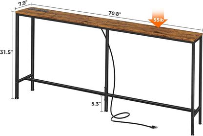 70-Inch Rustic Brown Console Table with Built-in Charging Station, Ideal for Living Room and Entryway Spaces