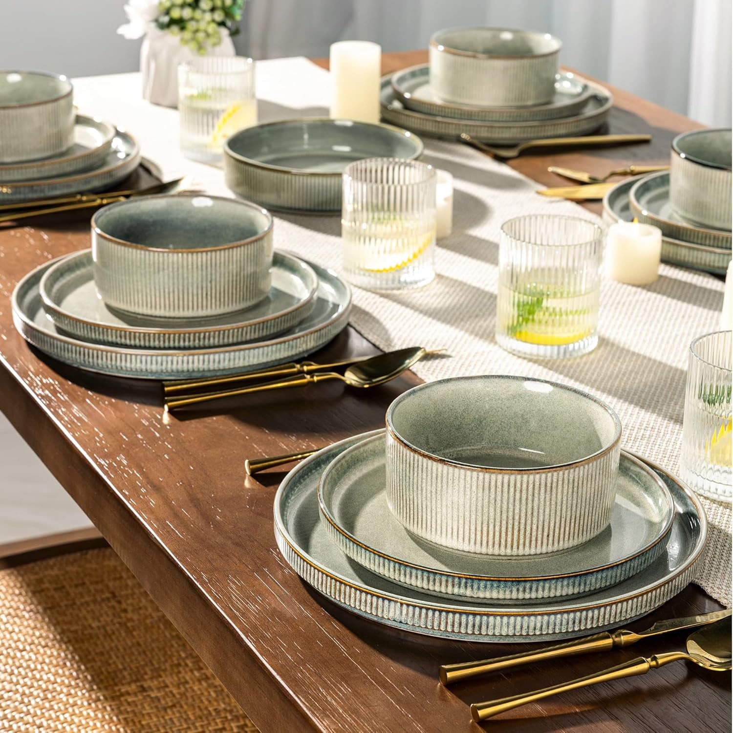 Stoneware Dinnerware Set for Four - Round Reactive Glaze Ceramic Plates and Bowls, 12-Piece Set, Highly Scratch Resistant, Dishwasher and Microwave Safe