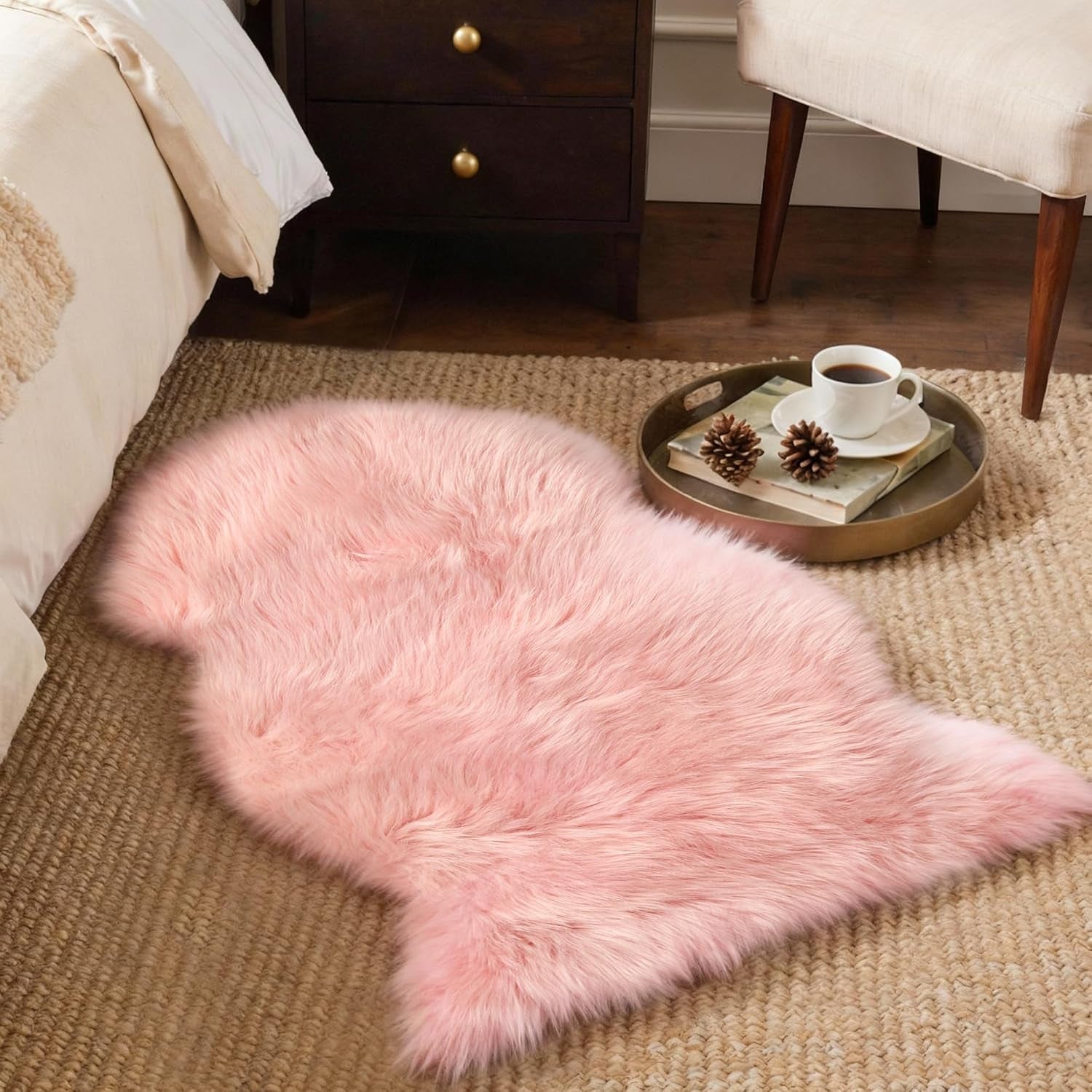 2X3 Fluffy Faux Fur Rug, Ultra Soft Shaggy Sheepskin Rug, High Pile Suede Backed Plush Area Rugs for Bedroom Living Room Indoor Floor Chair Cover Sofa, Pink