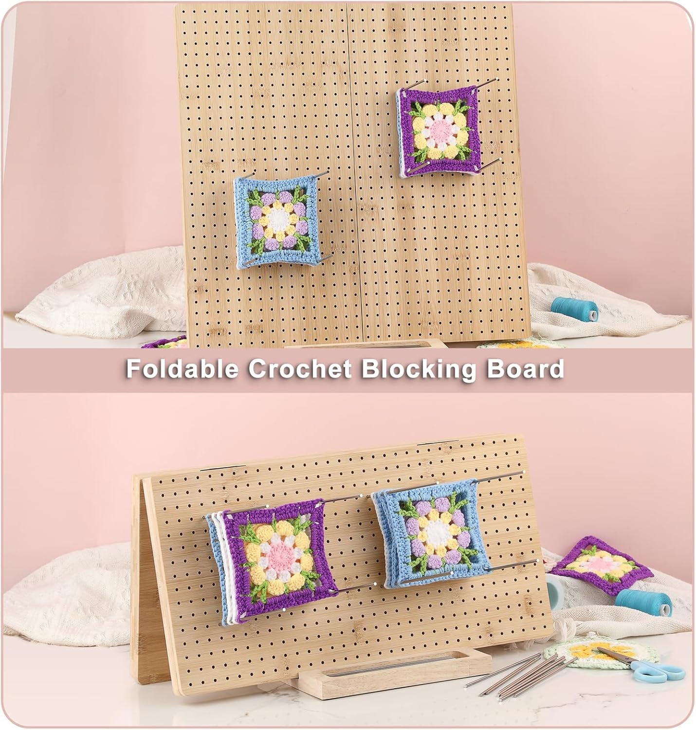 17-Inch Foldable Crochet Blocking Board with 30 Pegs - Handcrafted Wooden Mat for Crochet Projects, Perfect Gift for Crochet Enthusiasts