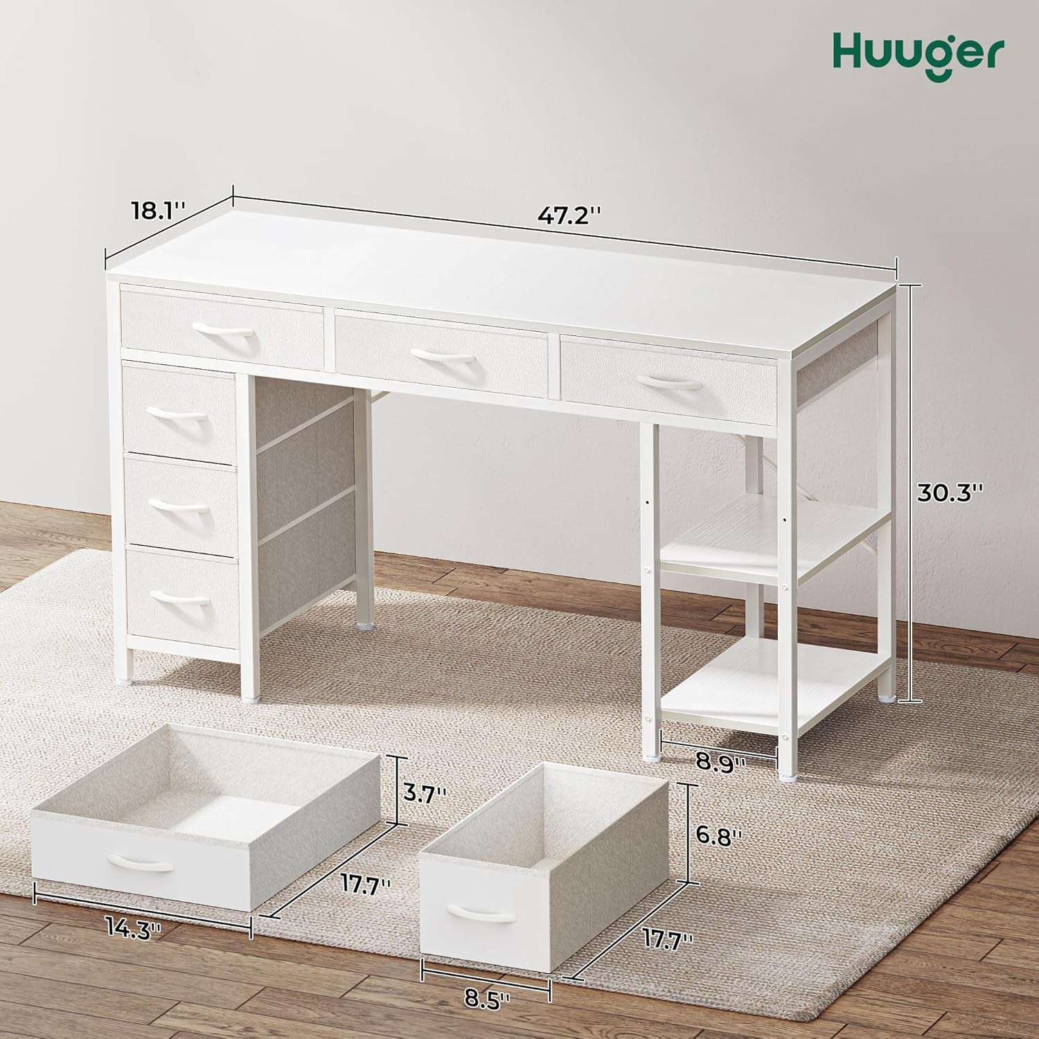 47-Inch Computer Desk with 6 Drawers and Shelves, Reversible Corner Desk for Home Office, Study, and Living Room, White