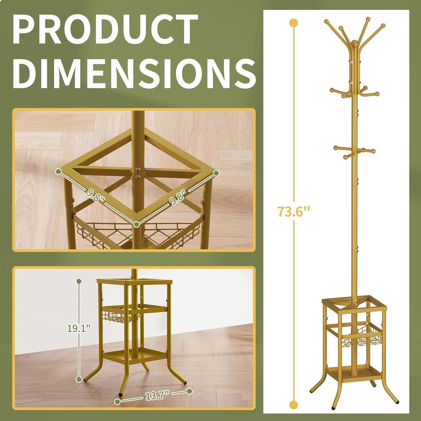 Coat Rack Freestanding, Coat Tree with Umbrella Holder, Metal Coat Rack Stand with 12 Hooks, Modern Coat Hanger Stand for Entryway, Purse Rack Hat Rack Stand for Living Room Bedroom Office