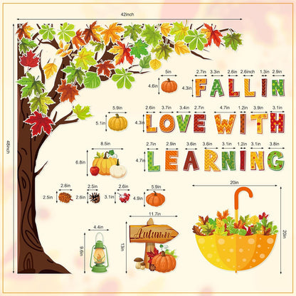 91Pcs Fall in Love with Learning Bulletin Board Decor Set Fall Tree Pumpkin Maple Leaves Umbrella Cutouts with Glue Points for Thanksgiving Autumn Home School Classroom Wall Blackboard Decorations