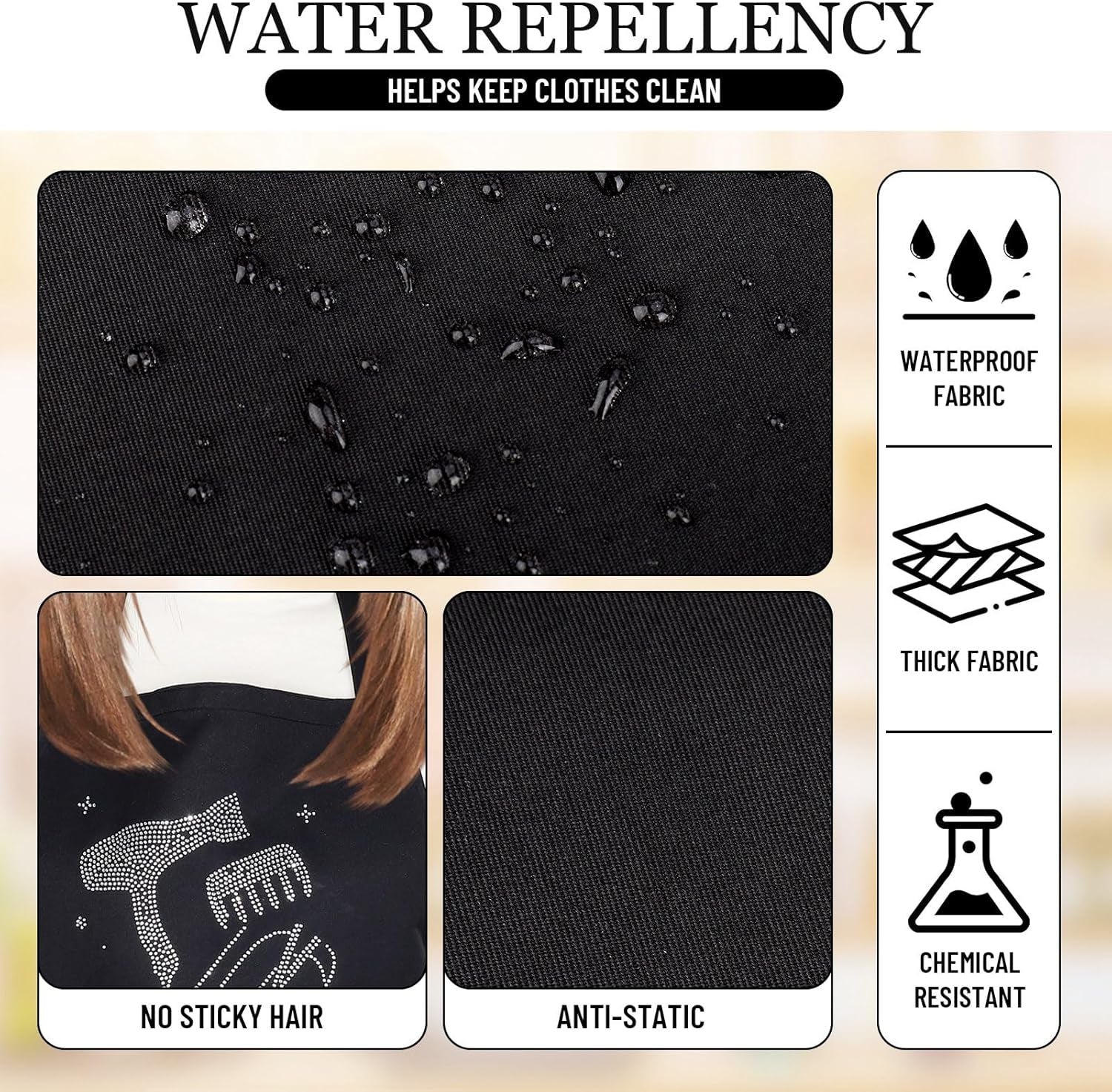 Auidy 6TXD 2Pcs Black Rhinestone Hair Stylist Apron, Classic Design with Three Pockets, Adjustable, Waterproof, Unisex-Adults