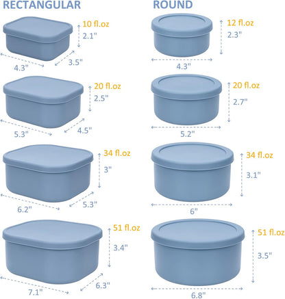 100% Silicone Food Storage Containers with Lids, 8 Pack, 10Oz to 51Oz, Reusable Leakproof Nesting & Stackable Silicone Bento Lunch Box, Microwave Freezer Dishwasher Oven Safe, BPA Free, Slate Blue