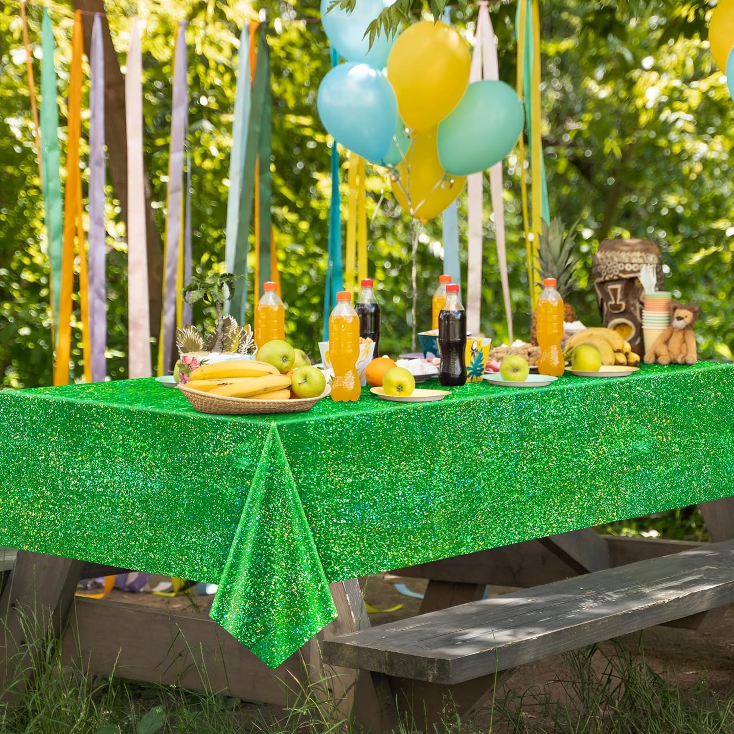 Green Holographic Laser Tablecloth 40" x 108" - Shimmering Plastic Metallic Cover for Jungle Safari, Wild One Baby Shower, and Birthday Party Decorations
