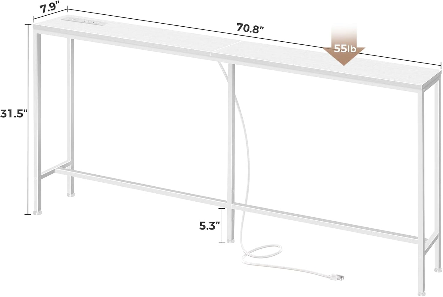 70-Inch Console Table with Integrated Charging Station, Slim Entryway Table for Living Room, White Finish