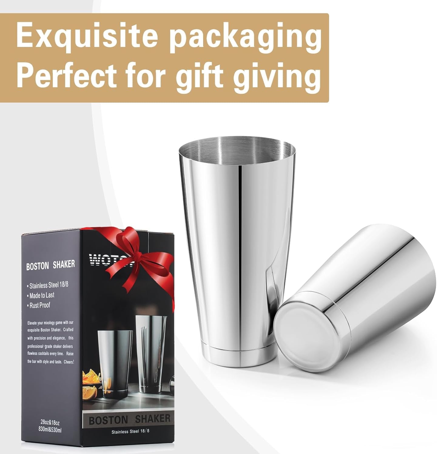 Boston Cocktail Shaker Set, 18 Oz & 28 Oz Stainless Steel Weighted Shaker Tins, Metal Martini Shaker Drink Mixer for Bartending, Professional Bar Tools for Bartender （Sliver）