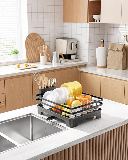 Dish Drying Rack - Multi-Functional Dish Rack for Kitchen Counter with Cutlery Holder, Rust-Proof Storage Solution with Rotatable, 18.3" X 12.0" X 5.5", Black