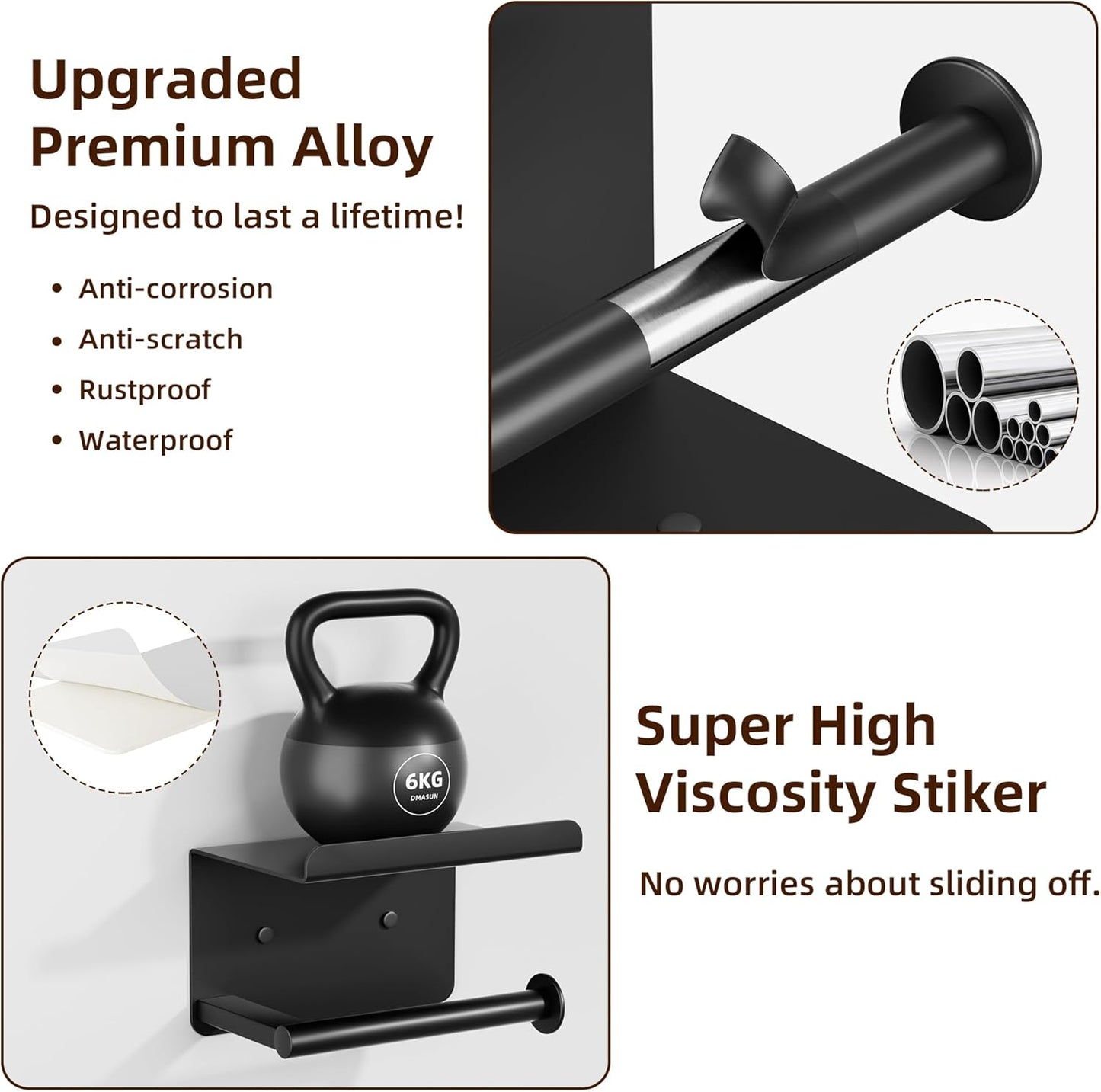 Adhesive Toilet Paper Holder with Phone Shelf, Wall Mounted Toilet Paper Roll Holder, Rustproof Bathroom Tissue Roll Holder with Shelf, Sticky Toilet Paper Roll Holder- Matte Black…