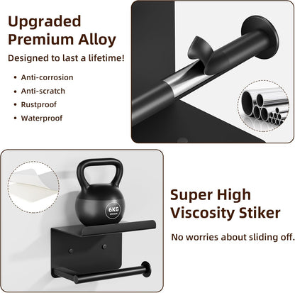 Adhesive Toilet Paper Holder with Phone Shelf, Wall Mounted Toilet Paper Roll Holder, Rustproof Bathroom Tissue Roll Holder with Shelf, Sticky Toilet Paper Roll Holder- Matte Black…