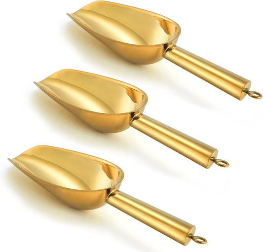 Canister Scoop Set of 3, Ice Candy Scoop, Stainless Steel Multipurpose Food Scooper for Buffet Jar Freezer, Mirror Finish & Dishwasher Safe, Gold, 3+3+3 Oz