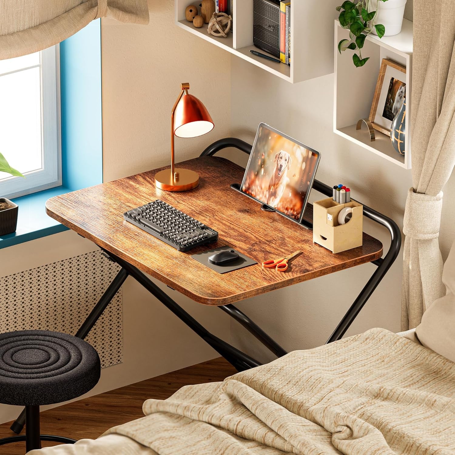 Folding Desk with Adjustable Height and Tablet Slot, 24-Inch Space-Saving Computer Desk for Home Office, Bedroom, and Study in Rustic Brown
