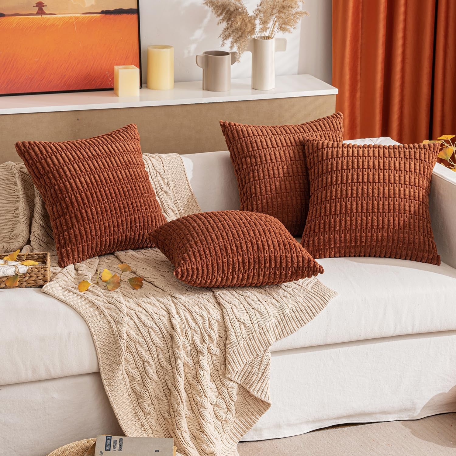 Pack of 2 Dark Rust Corduroy Decorative Fall Pillow Covers 18X18 Inch Soft Boho Striped Throw Pillow Covers Modern Farmhouse Home Decor for Summer Sofa Living Room Couch Bed