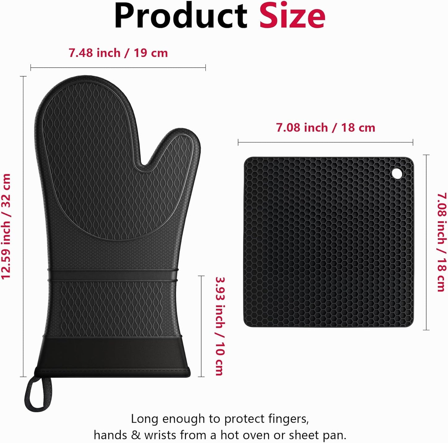 Extra Long Silicone Oven Mitts with Pot Holders with Soft Cotton Lining Non-Slip Textured Grip, Heat and Slip Resistant Oven Mitts with Pot Holders for Baking, Cooking, Black