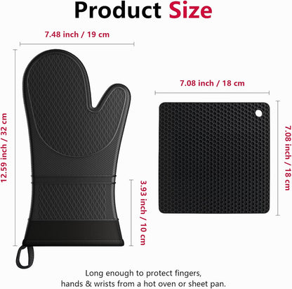 Extra Long Silicone Oven Mitts with Pot Holders with Soft Cotton Lining Non-Slip Textured Grip, Heat and Slip Resistant Oven Mitts with Pot Holders for Baking, Cooking, Black