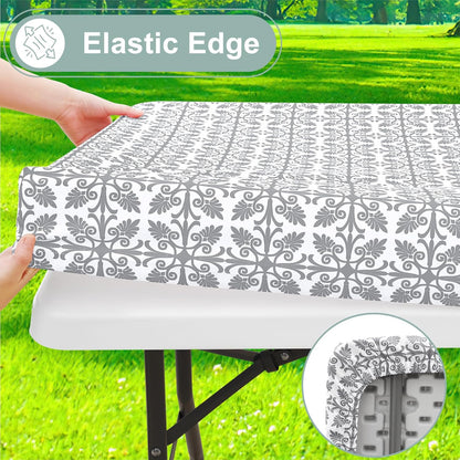 2 Pack 6 Foot Rectangle Picnic Tablecloth, Elastic Fitted Waterproof Table Cover, Windproof Washable Polyester Table Cloth for Camping, Indoor and Outdoor (Grey, 30" X 72")
