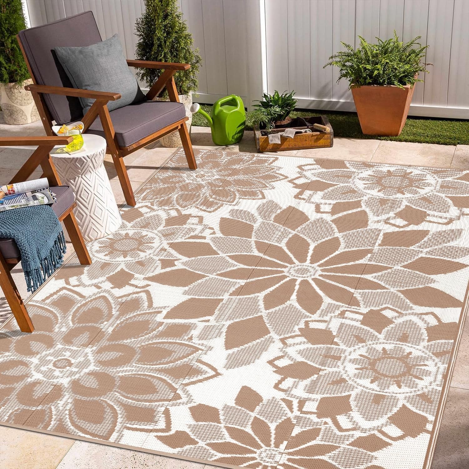 Reversible Waterproof Outdoor Rug for Patio, 6' x 9' Plastic Straw Area Mat, Ideal for RVs, Decks, Porches, Picnics, Beaches, and Balconies in Brown and White