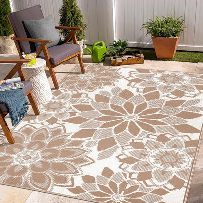 Reversible Waterproof Outdoor Rug for Patio, 6' x 9' Plastic Straw Area Mat, Ideal for RVs, Decks, Porches, Picnics, Beaches, and Balconies in Brown and White