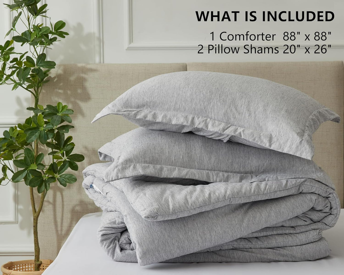 Queen Comforter Set - 3 Pieces Light Grey Soft Luxury Cationic Dyeing Queen Comforter for All Season, Light Gray Breathable Lightweight Fluffy Bedding Sets with 1 Comforter and 2 Pillow Shams