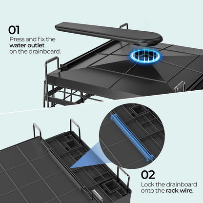Large Dish Drying Rack - Extendable Dish Rack for Kitchen Counter, Multifunctional Dish Drainer with Drainboard Set, Dishrack with Utensil Holder & Cup Holder, 13.4"-28.7" L X 11.8" W, Black