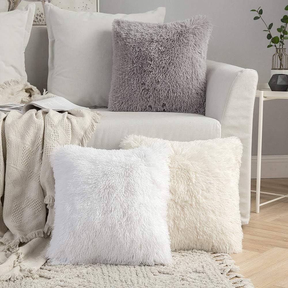 Pack of 2 Luxury Faux Fur Throw Pillow Cover Deluxe Winter Decorative Plush Pillow Case Cushion Cover Shell for Sofa Bedroom Car 18 X 18 Inch Beige