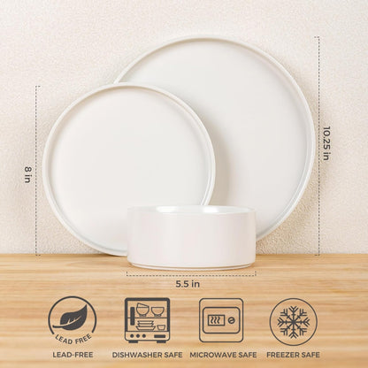 Ceramic Dinnerware Set for Four - 12-Piece Stoneware Plates and Bowls, Chip and Crack Resistant, Dishwasher and Microwave Safe, Scratch Resistant - Matte White Finish