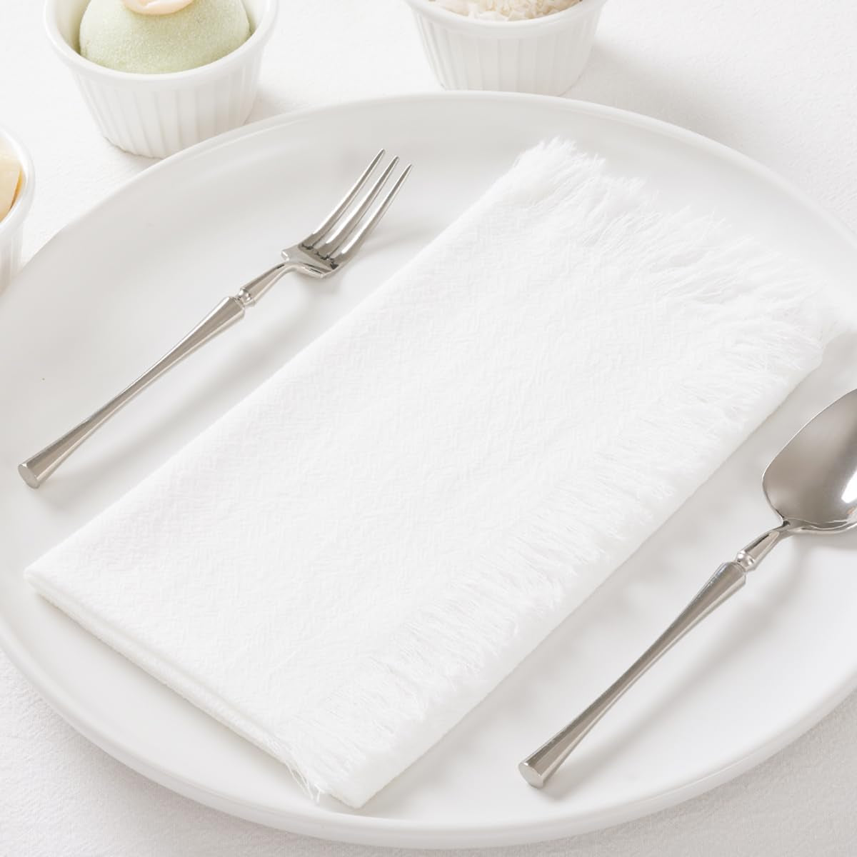 6 Pack Ivory White Cotton Linen Napkins with Fringe Thanksgiving Fall Cloth Napkins Set of 6 Boho Handmade Dinner Table Napkins Bulk for Wedding Baby Shower Christmas Parties, 17 X 17 Inches