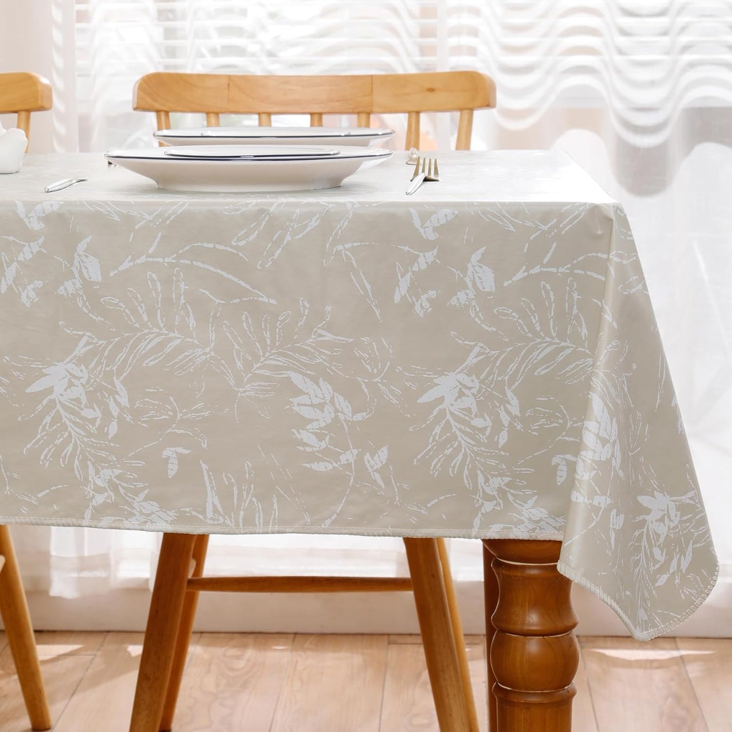 Heavy Duty Vinyl Tablecloth with Flannel Backing Waterproof Oil-Proof Plastic Table Cloth Stain-Resistant Wipeable Rectangle or Square Table Cover for Indoor and Outdoor (Beige Leaf,54X54 Inch)