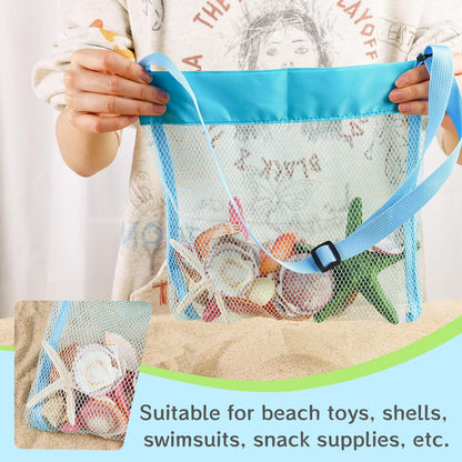 6PCS Mesh Beach Bags for Kids, Colorful Small Seashell Collecting Bags Adjustable Strap for Holding Shell Sand Toy