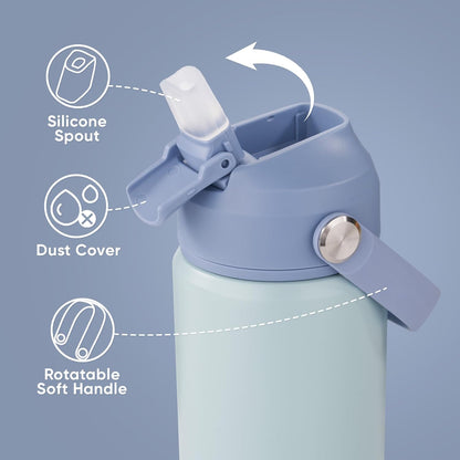 12 Oz Water Bottle, Kids Water Bottles for School, Toddler Water Bottle with Straw & Handle, 304 Stainless Steel Insulated Water Bottle, Non-Slip Silicone Base, BPA Free, Haze Blue