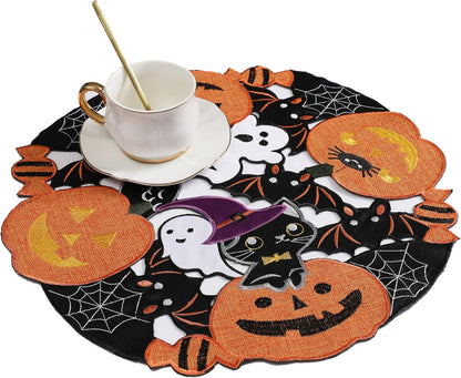 Halloween Placemats Set of 4, Embroidered Black round Placemats 15 Inches, Thanksgiving Fall Pumpkins Table Decorations for Kitchen & Dining Room, Gnomes Table Mats
