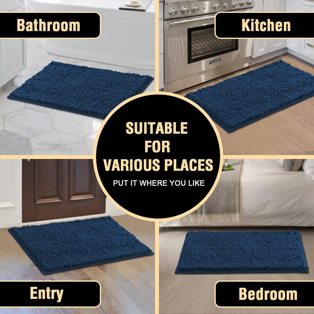 Bath Mat Bath Rug for Bathroom Luxury Chenille Bathroom Rug Mat Extra Soft and Absorbent Microfiber Shaggy Rugs Non Slip Rug Quick Dry Bath Mat Washable, 17 X 24 Inches, Navy