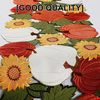 Thanksgiving Table Runner 70 Inches Long, Fall Table Runner Cutwork Applique Embroidered Pumpkin with Sunflower Dresser Scarf for Home Dining Holiday Autumn Halloween Decor, 13 X 70 Inch