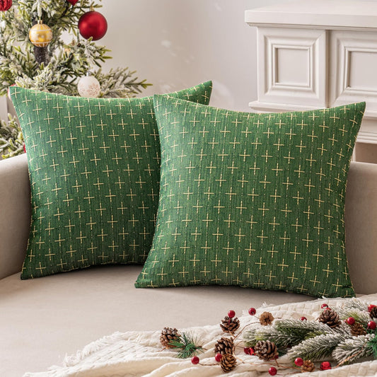 Pack of 2 Christmas Decorative Burlap Linen Throw Pillow Covers Modern Farmhouse Pillowcase Rustic Woven Textured Cushion Cover for Sofa Couch Bed 18X18 Inch Christmas Green