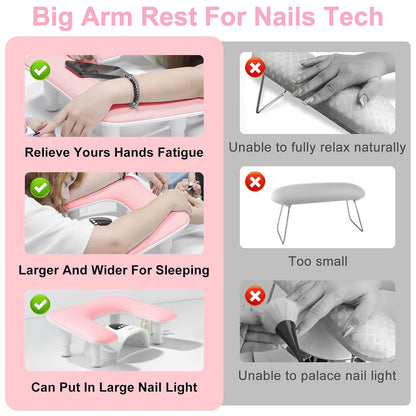 Nail Arm Rest, U-Shaped Adjustable Height Nail Hand Rest for Manicure, Microfiber PU Leather Hand Rest Pillow for Acrylic Nail, Soft Hand Rest/Nail Hand Pillow for Manicure Salon Use-Pink