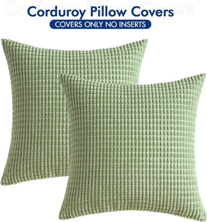 Pack of 2 Pillow Covers 18X18 Inch Granules Soft Corduroy Decorative Throw Pillow Covers for Couch Cushion Sofa Bedroom Living Room, Light Green