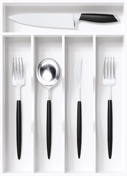 White Silverware Organizer 10 in Utensil Organizer Silverware Tray for Drawer Cutlery Flatware Organizer for Kitchen Bamboo Wood