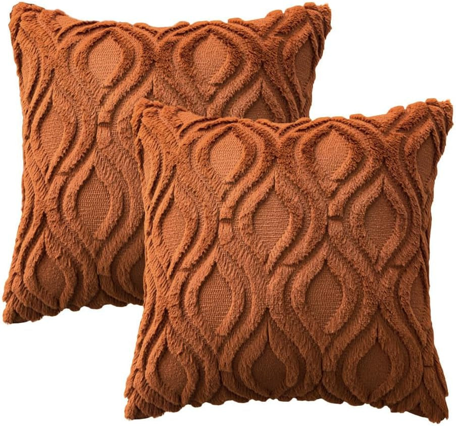 Burnt Orange Fall Throw Pillow Covers 18X18 Inch, Soft Plush Faux Wool Solid Couch Pillows Set of 2, Decorative Farmhouse Boho Cushion Covers for Sofa Living Room Bed Home Decor