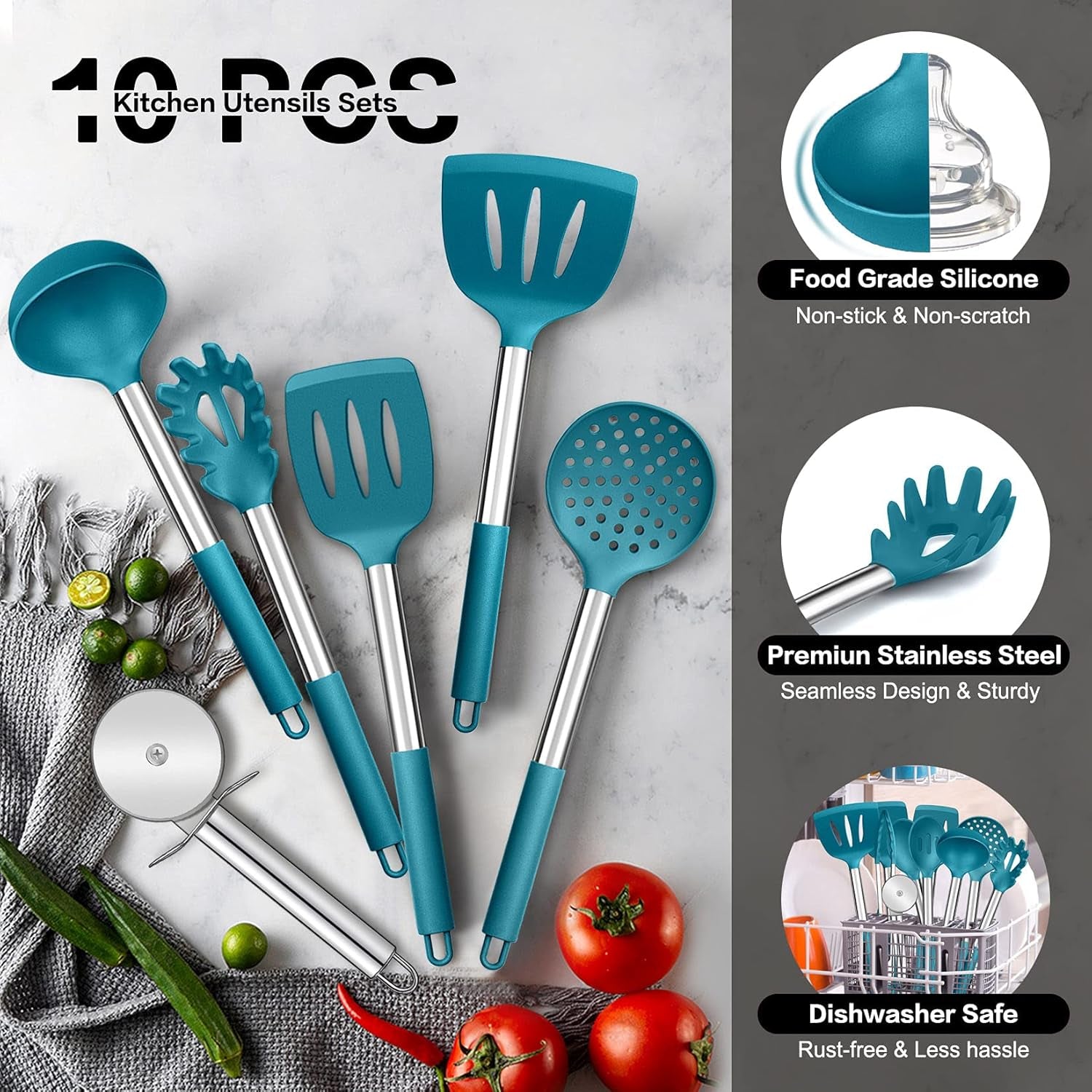 Kitchen Utensils Set of 10,  Heat-Resistant Silicone Cooking Utensil with Stainless Steel Handle, Include Turner,Spatula,Spoon,Tong,Pizza Cutter, Dishwasher Safe, Blue