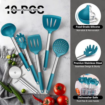 Kitchen Utensils Set of 10,  Heat-Resistant Silicone Cooking Utensil with Stainless Steel Handle, Include Turner,Spatula,Spoon,Tong,Pizza Cutter, Dishwasher Safe, Blue