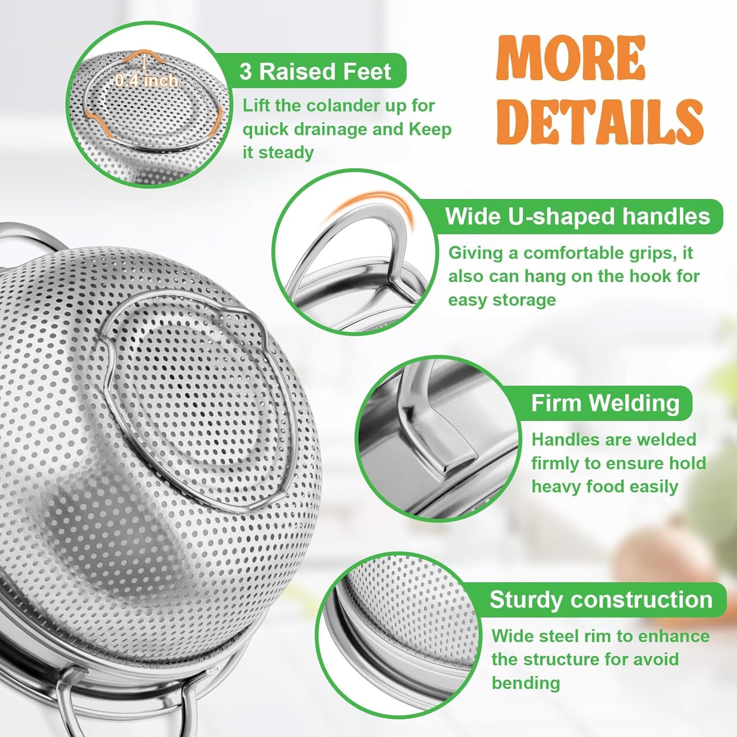 Colander Strainer Stainless Steel 3 Quart, Metal Micro-Perforated Colander for Kitchen Food, Ideal for Rinsing Washing Draining, Dishwasher Safe, Shiny Silver, 2PCS
