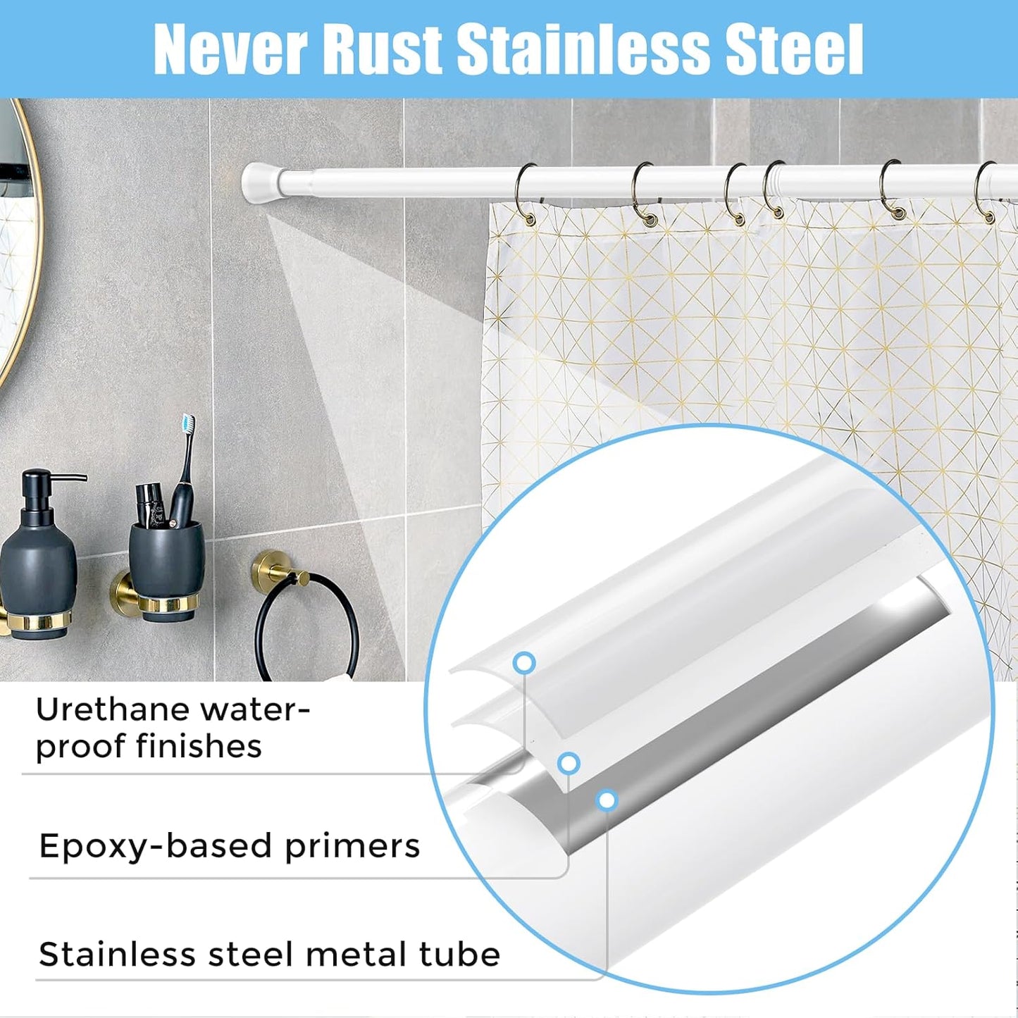 Tension Curtain Rod Spring Tension Rods for Windows 28 to 48 Inch, No Drilling, 7/8" Diameter, White Adjustable Curtain Rod, Small Shower Curtain Rod for Bathroom, Doorway, Closet, Kitchen