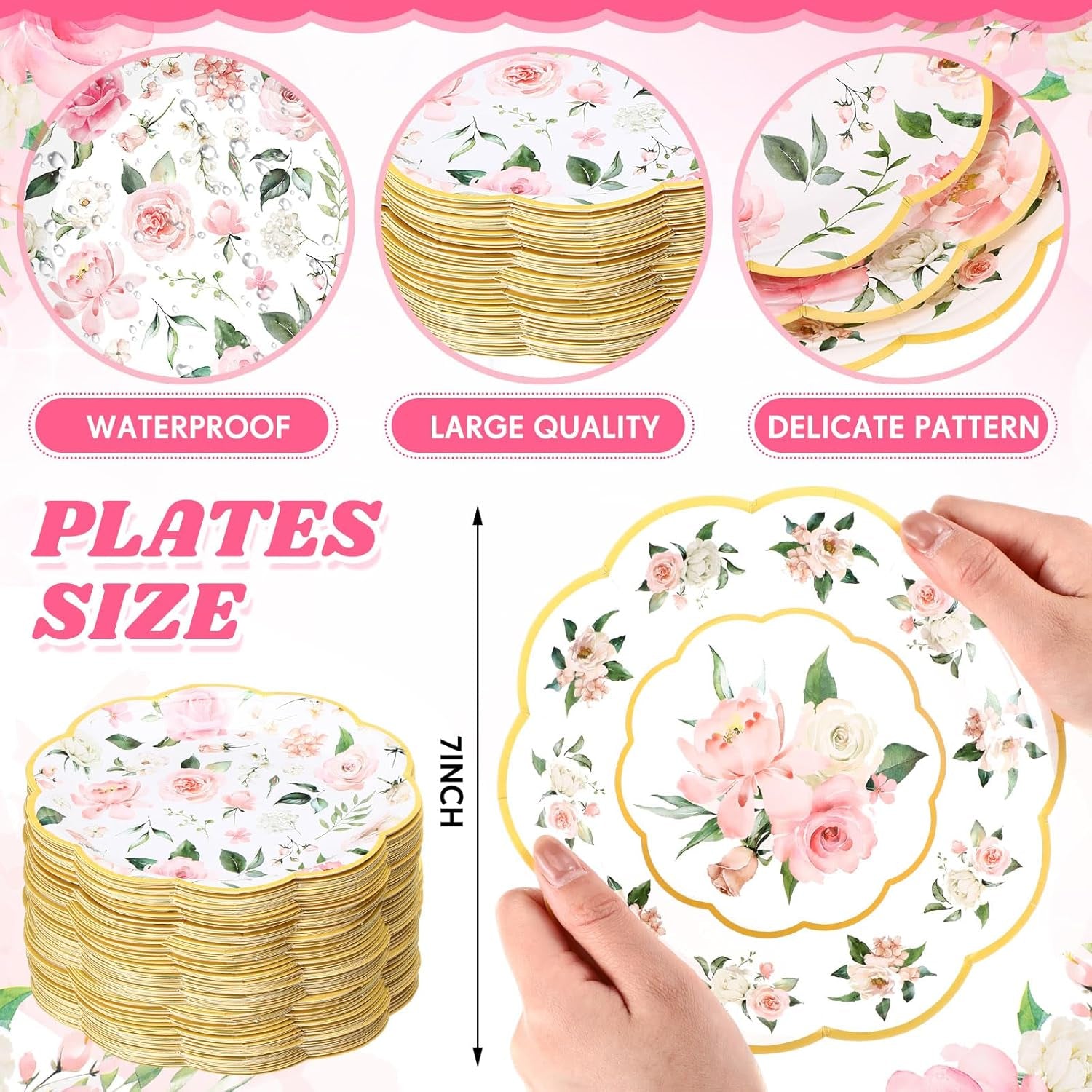 120-Piece Summer Pink Floral Paper Plates, 7-Inch Disposable Tableware for Birthday, Wedding, Baby Shower, Tea Party, and Bridal Shower Decorations