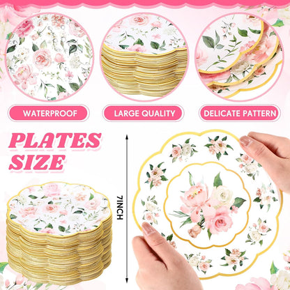 120-Piece Summer Pink Floral Paper Plates, 7-Inch Disposable Tableware for Birthday, Wedding, Baby Shower, Tea Party, and Bridal Shower Decorations