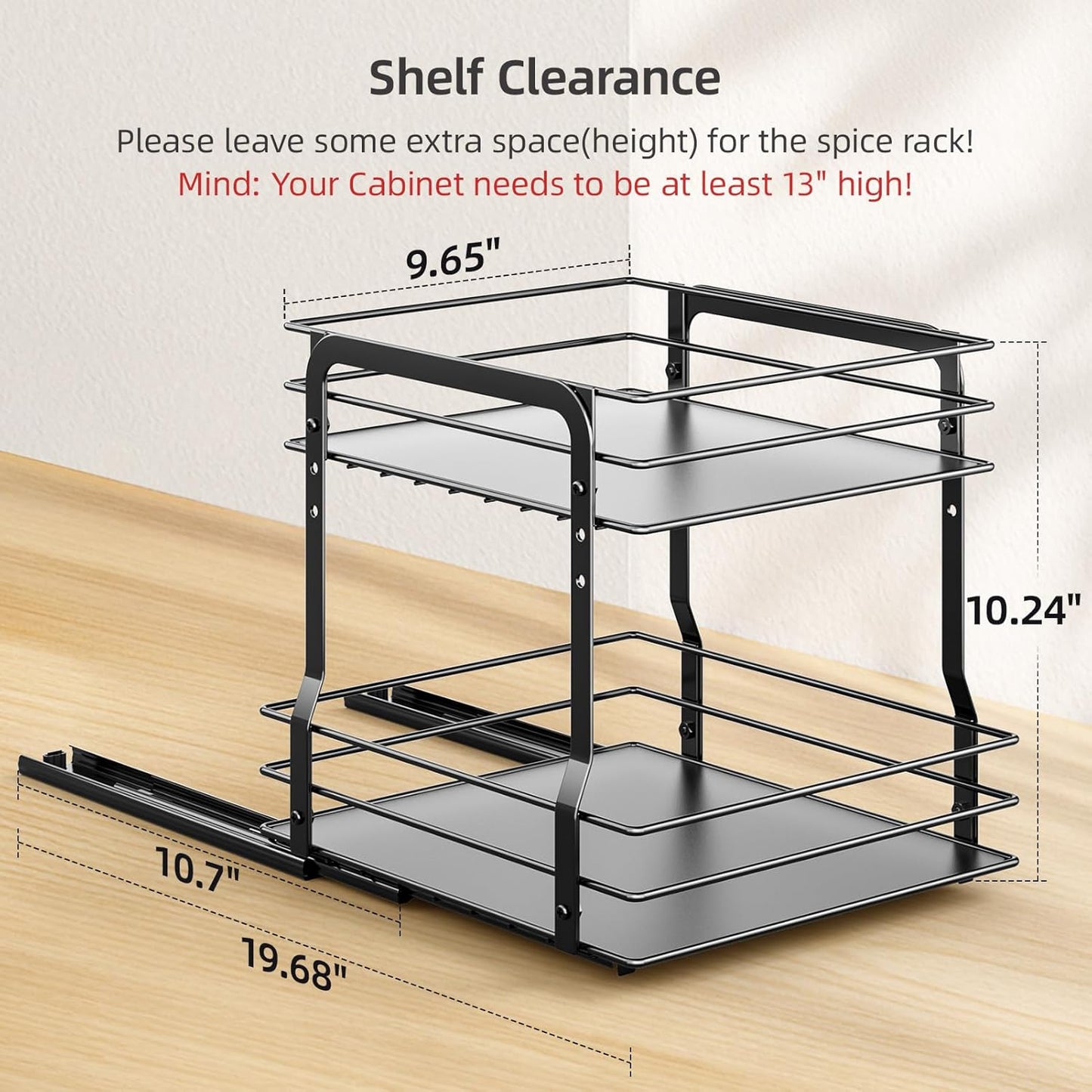 Pull Out Spice Rack Organizer for inside Cabinet, 2 Tier Spice Organization for Cabinet, 9.65"W X 10.7"D X 10.24"H, Vertical Slide Out Seasoning Organizer, Black (Not for Cabinet with Lip)